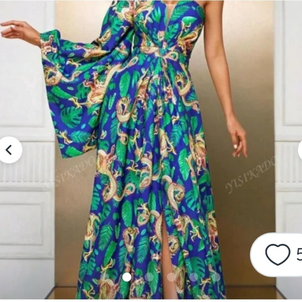 New Giffniseti Dragon Shoulder Bridesmaid Maxi Dress Gown Kimono Blue Orange - Picture 7 of 15